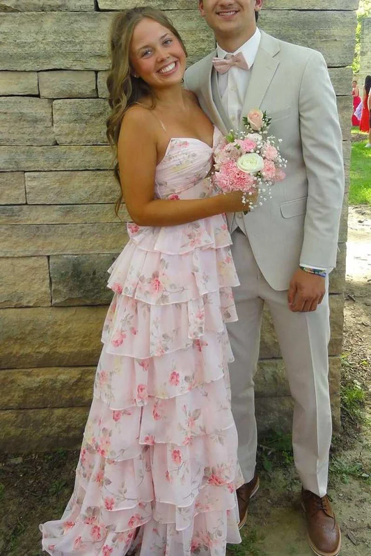 Robe de bal rose trapèze sans bretelles, taille empire, col en V, volants, imprimé fg8301