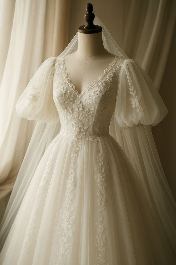 A Line Tulle Lace Puffy Sleeves Wedding Dress Bridal Dresses fg7794 ...