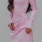 Classy Pink Square Neckline Evening Dress with Long Sleeves   fg7554