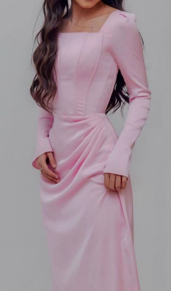 Classy Pink Square Neckline Evening Dress with Long Sleeves   fg7554
