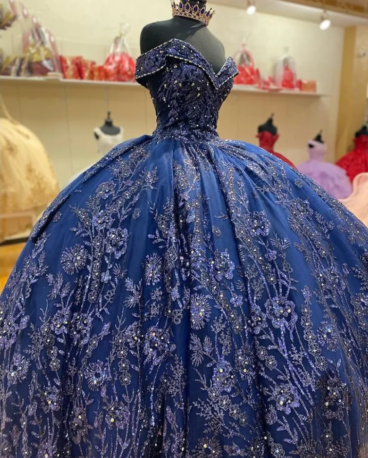 navy blue sweet sixteen dresses Mexico Navy Quinceanera Dress Ball Gown Floral Appliques Beaded Crysta formalgowns