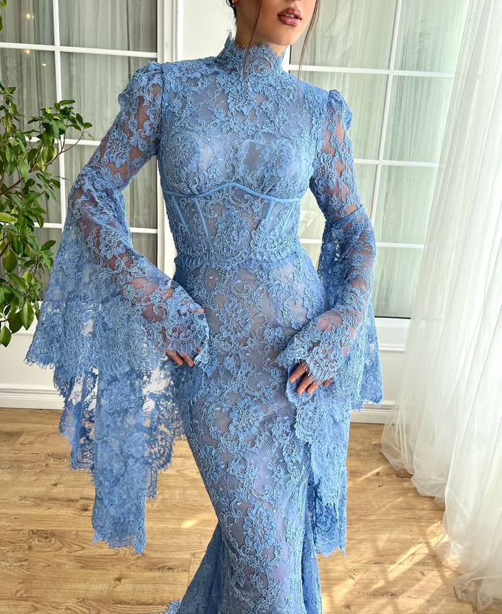 High Neck Mermaid Evening Dress for Women Flare Sleeves Blue Lace Long formalgowns High Neck Mermaid Evening Dress for Women Flare Sleeves Blue Lace Long formalgowns