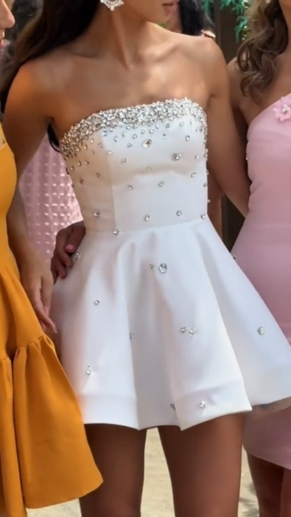 White Strapless A Line Unique Homecoming Dress Sparkly Party Dress    fg7545