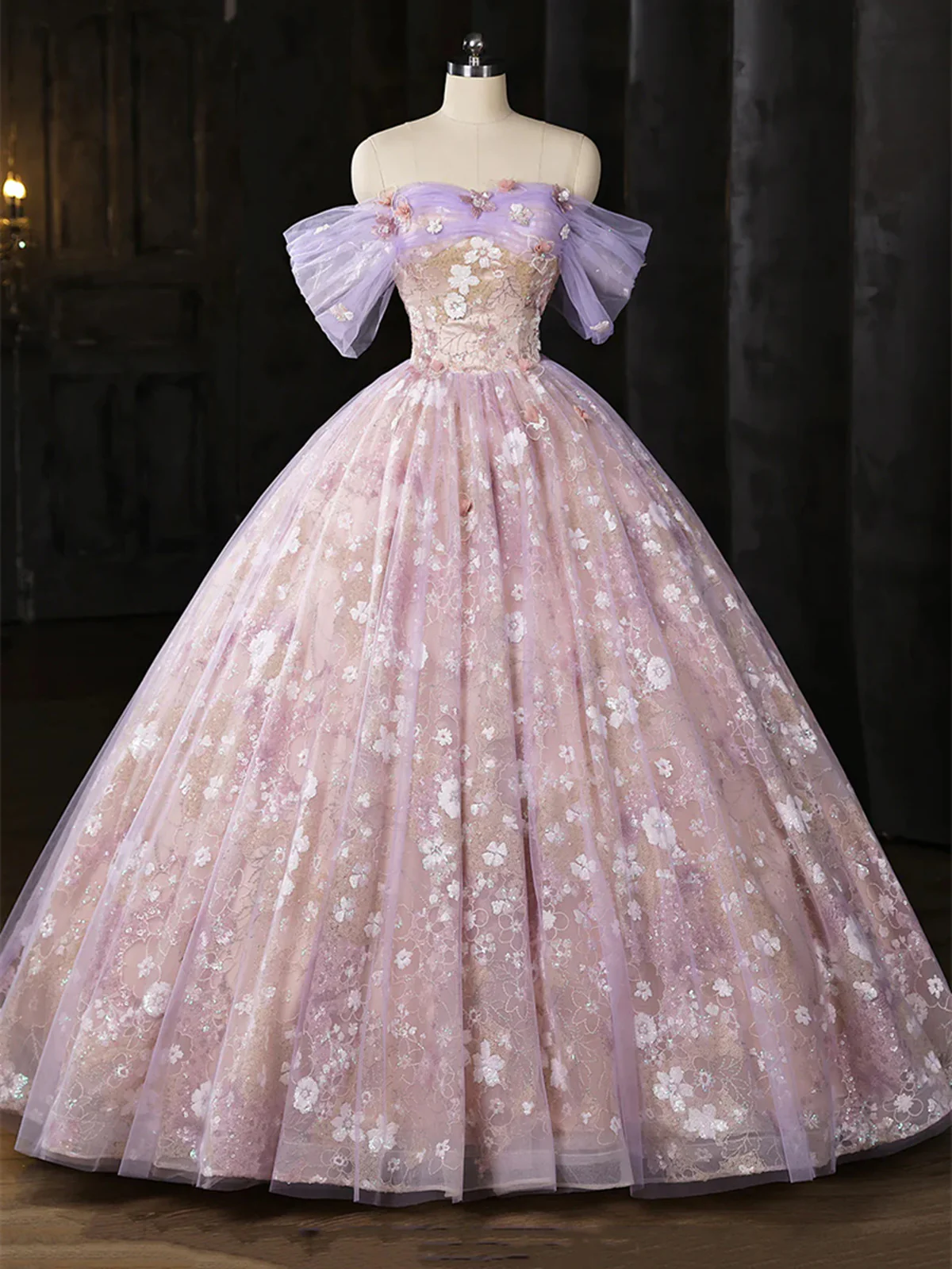 Light Purple Floral Tulle Prom Dress with Lace, A-line Off Shoulder Evening Dress Formal Dress fg8733