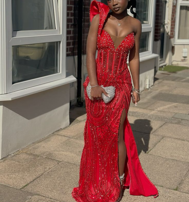 women's red prom dress Red Prom Dress With Pockets