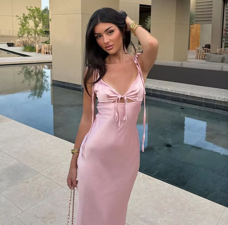 Robe longue élégante en satin pour femme, robe de soirée sexy fg7088