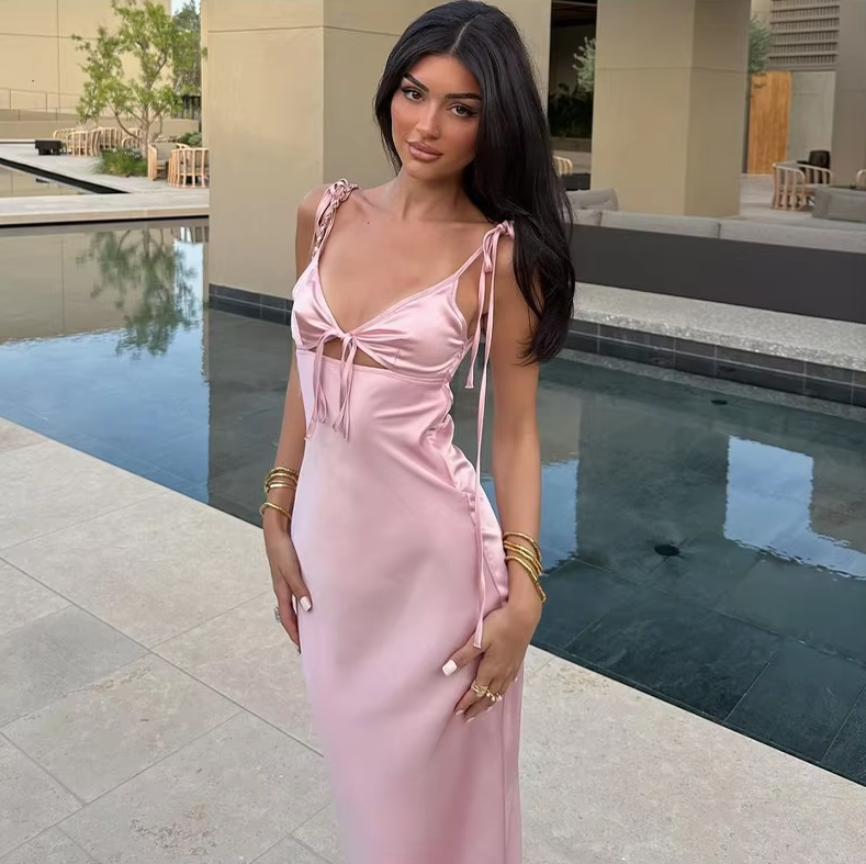 Robe longue élégante en satin pour femme, robe de soirée sexy fg7088