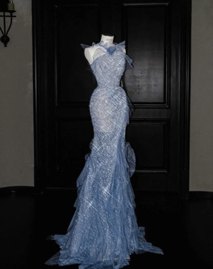 Blue Mermaid Sparkle Prom Party Dress Luxurious Evening Dress fg8670