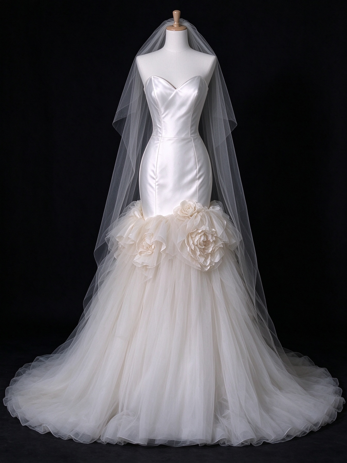 White Strapless Satin 3D Floral Mermaid Wedding Dress fg9100