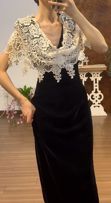 Black Mermaid Prom Party Dress White Lace Evening Dress Birthday Outfit  fg8714