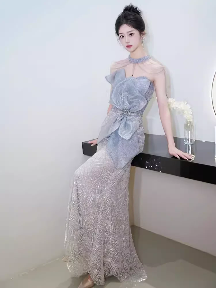 Mermaid High Neckline Sequin Long Evening Dress Beads Prom Dress fg8576