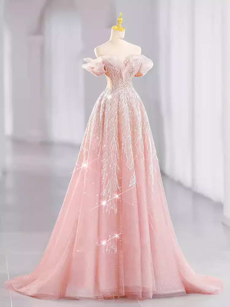 A line Off The Shoulder Pink Sequin Long Evening Dress Prom Dress  fg8583