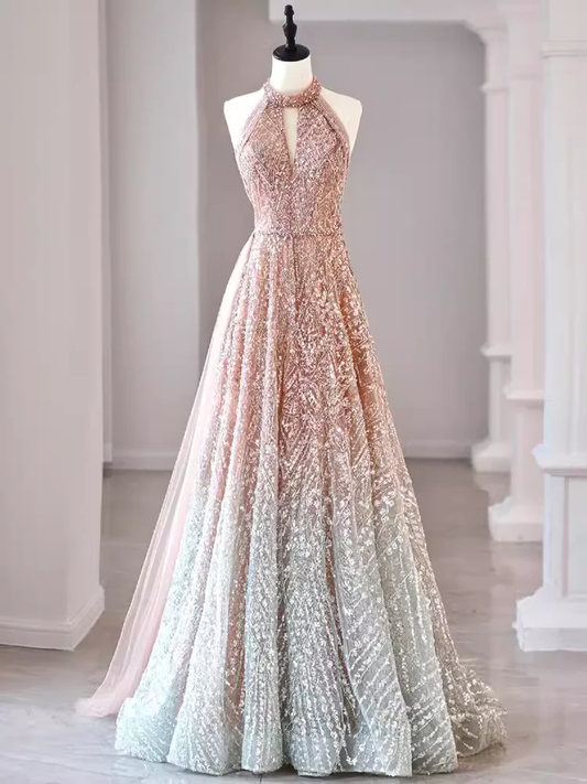 A Line High Neckline Sequin Long Evening Dress Beads Prom Dress fg8577