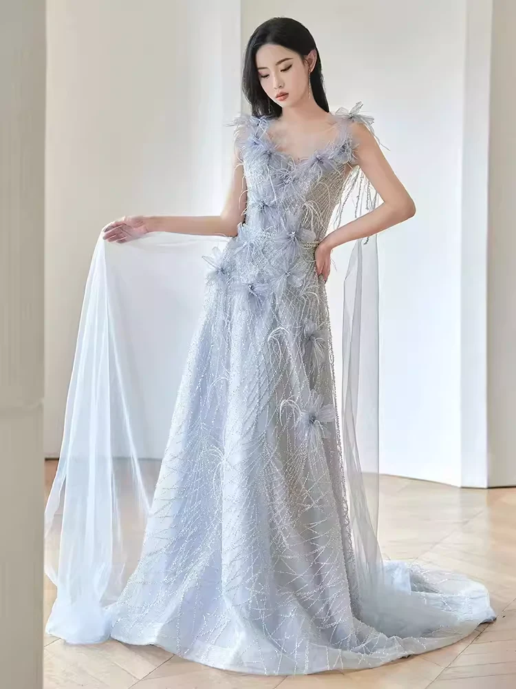 A line Straps Sequin Beads Long Evening Dress Prom Dresses With Flowers  fg8586