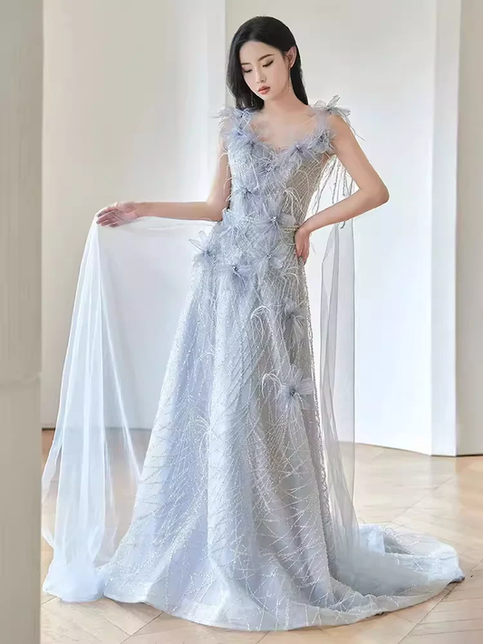 A line Straps Sequin Beads Long Evening Dress Prom Dresses With Flowers  fg8586