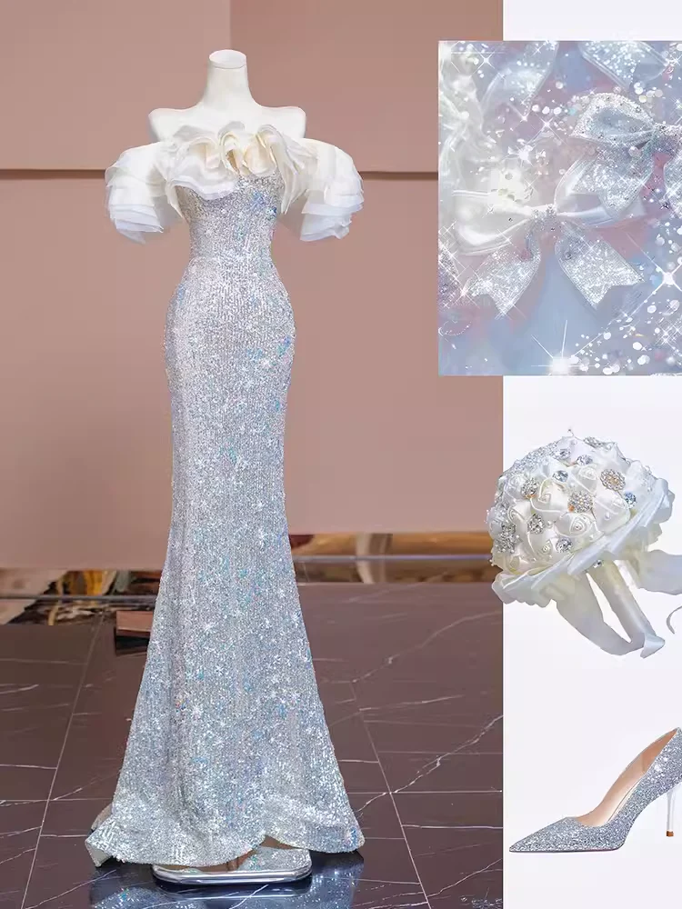 Mermaid Off The Shoulder Sequin Long Evening Dress Beads Prom Dress  fg8578