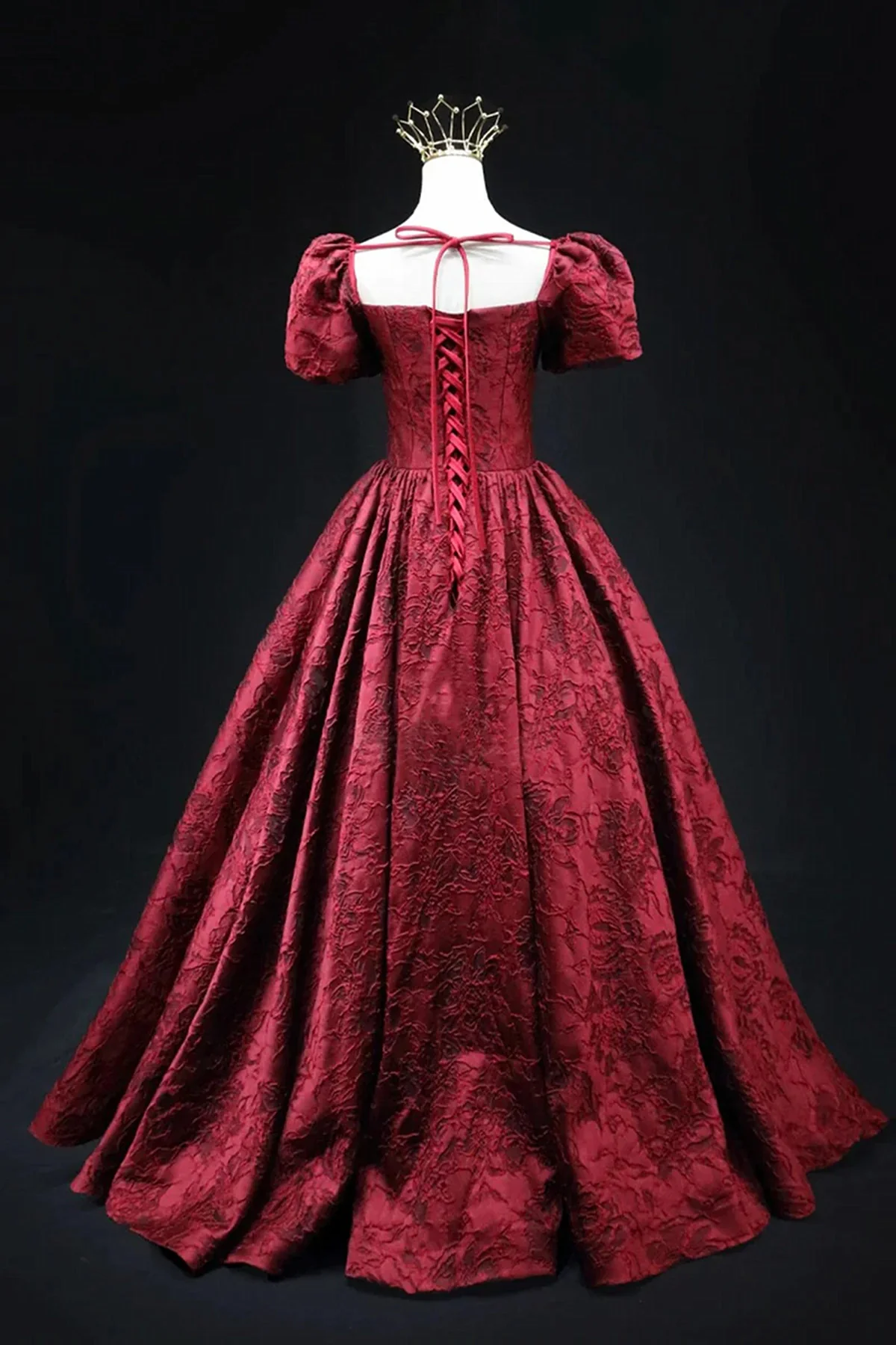 Vintage Square Neck Wine Red Prom Gown, Short Sleeves Evening Dress Party Dress  fg8725