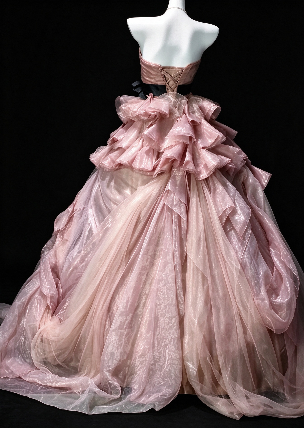 Strapless Pink Ruffled Organza Ball Gown , Formal Evening Dress fg8939