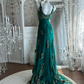 Vintage Green Lace Prom Party Dress Satin Evening Dress  fg8643