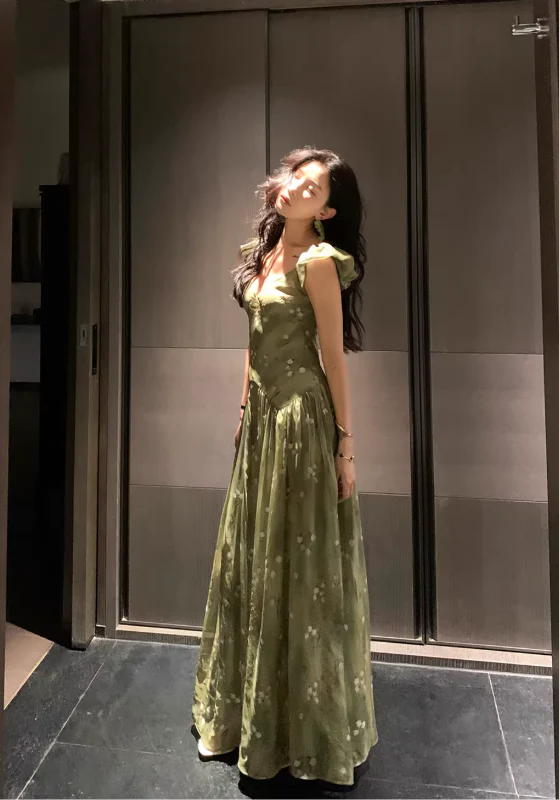 A Line V Neck Prom Party Dress Chiffon Green Flora Evening Dress fg8689