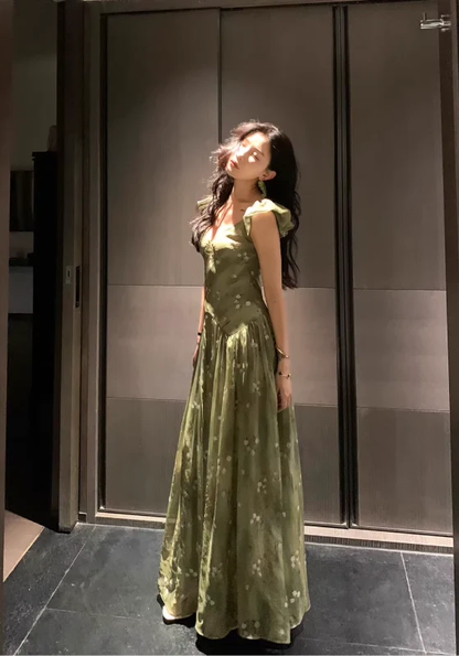 A Line V Neck Prom Party Dress Chiffon Green Flora Evening Dress fg8689