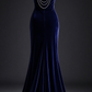Navy Blue Velvet Mermaid Evening Gown  fg8981