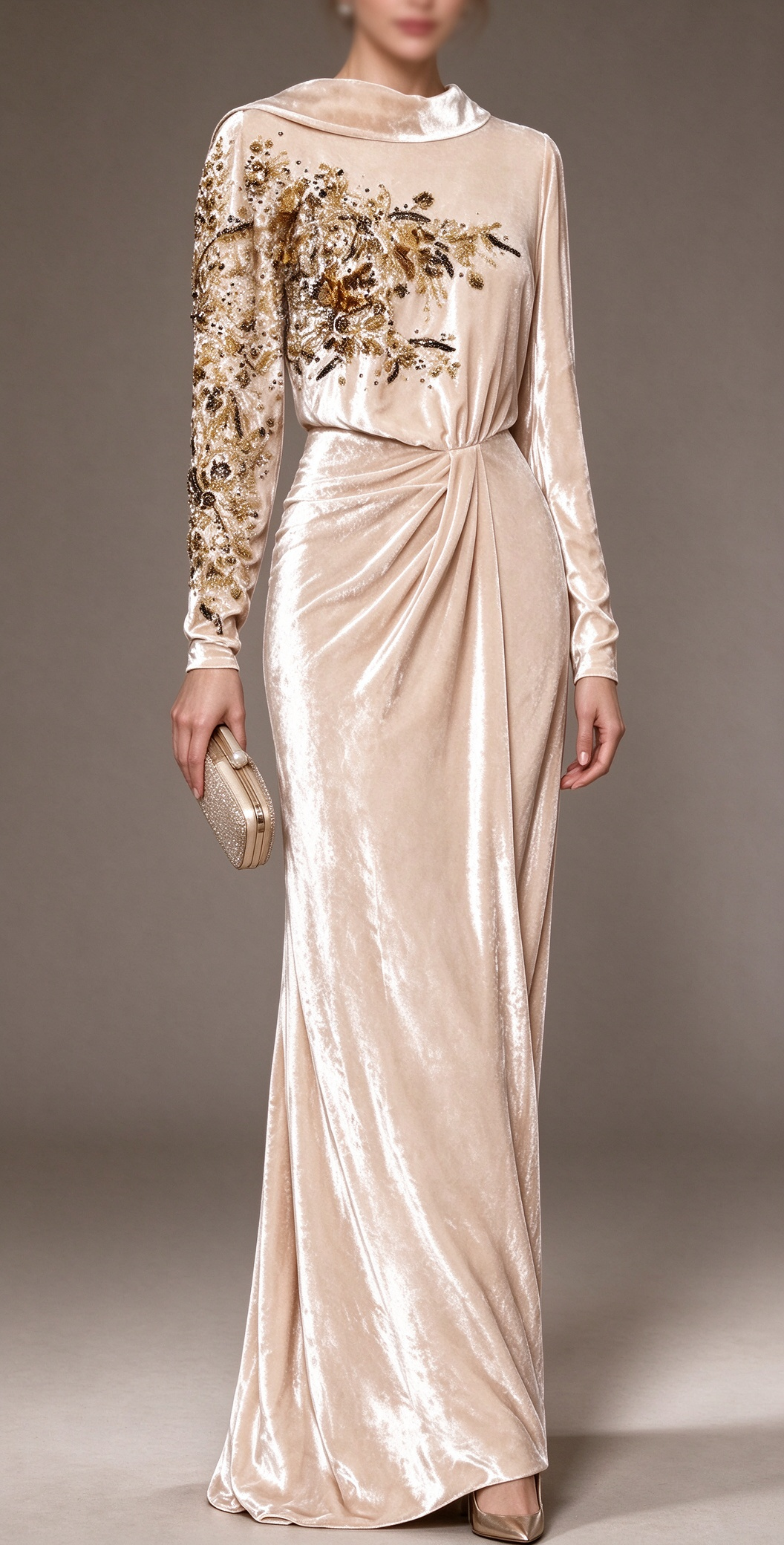 Champagne Velvet Long Sleeve Evening Gown With Gold Beaded Embroidery  fg8982