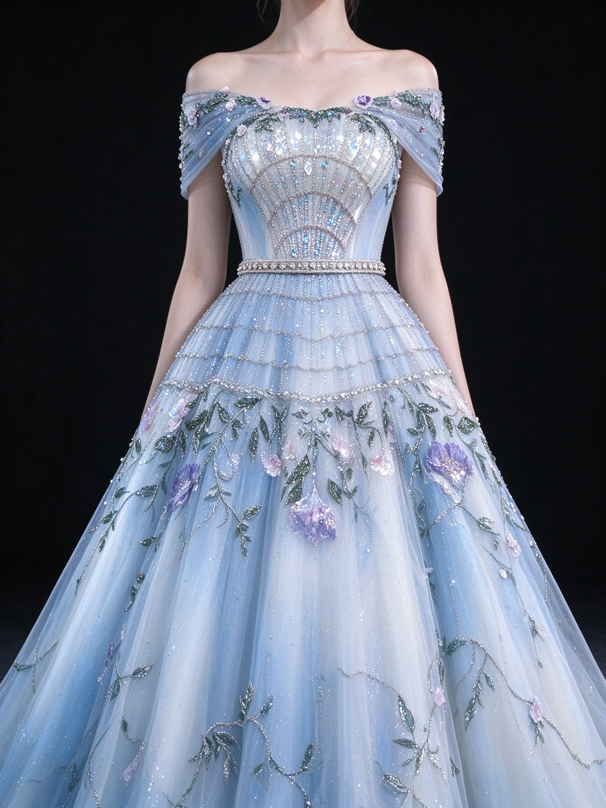 Light Blue Off-the-Shoulder Ball Gown, Sheer Corset Bodice With Beading, 3D Floral Embroidery Tulle Skirt,  fg9001