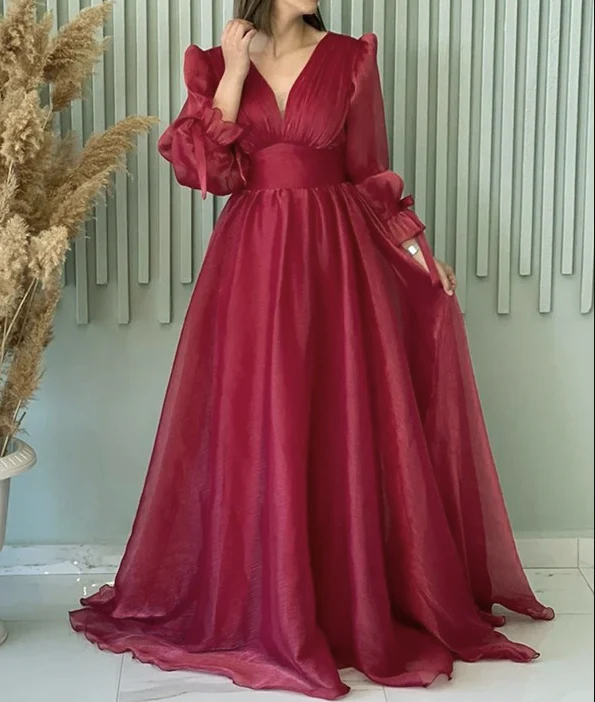 A Line V Neckline Long Sleeves Hot Pink Tulle Long Prom Dresses Evening Dress fg8513