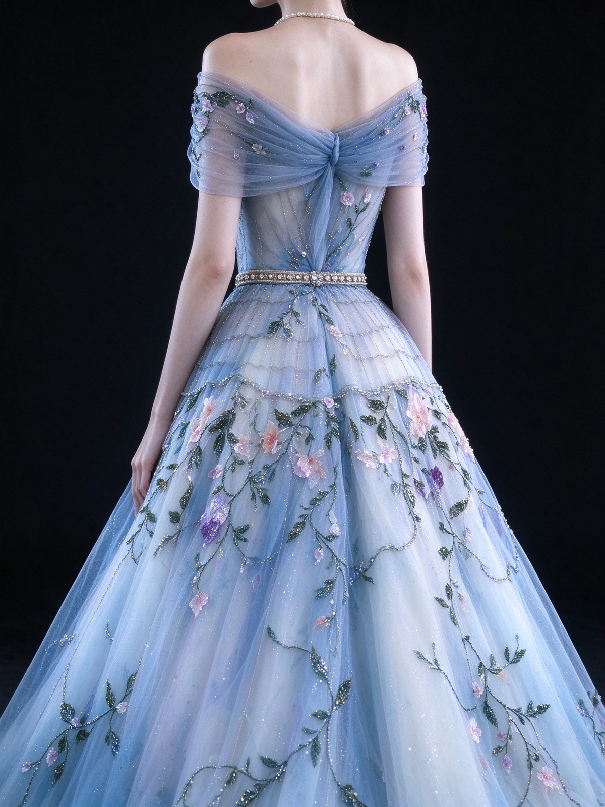 Light Blue Off-the-Shoulder Ball Gown, Sheer Corset Bodice With Beading, 3D Floral Embroidery Tulle Skirt,  fg9001