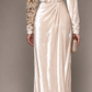 Champagne Velvet Long Sleeve Evening Gown With Gold Beaded Embroidery  fg8982