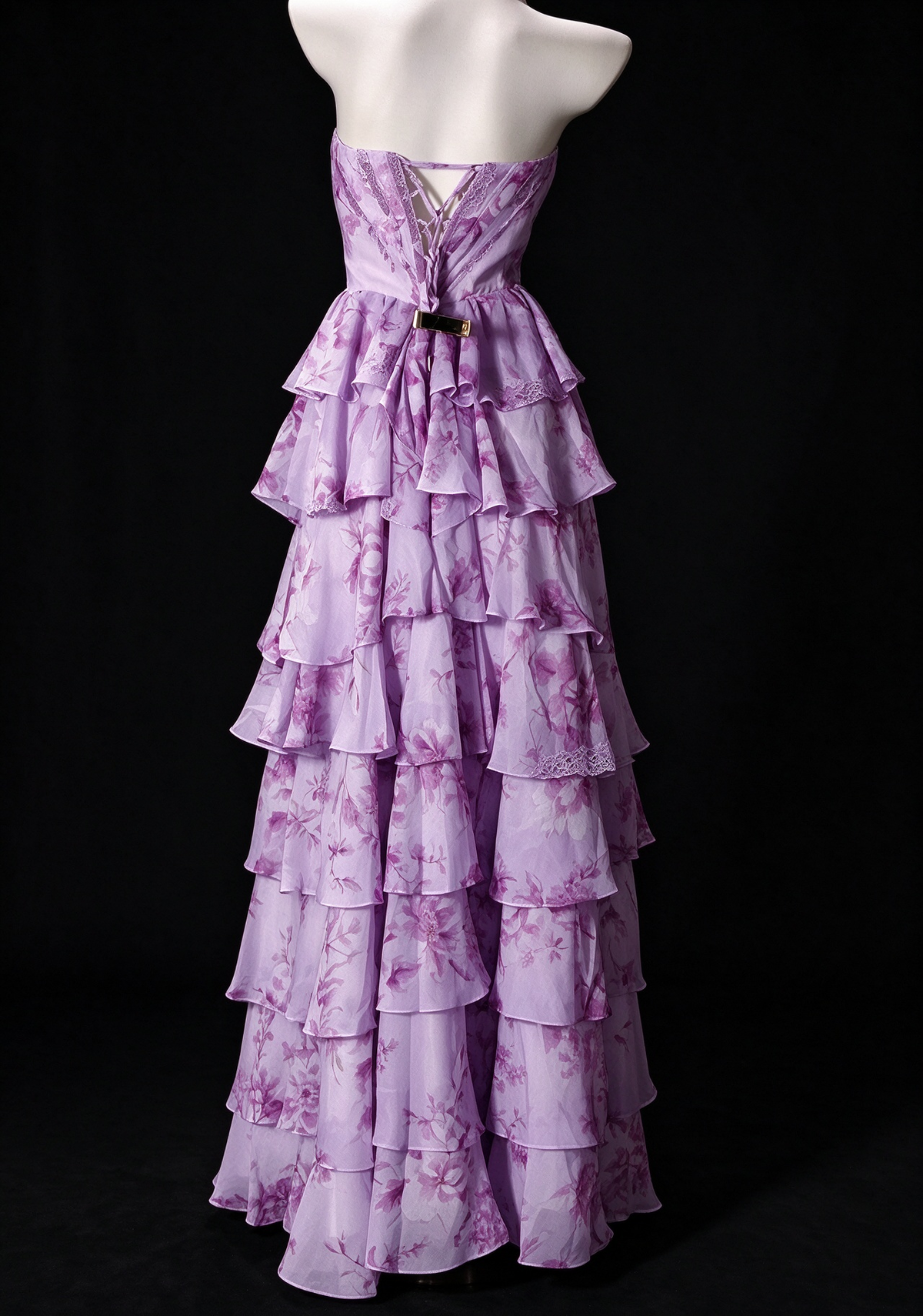 Strapless Lavender Floral Print Chiffon Tiered Evening Dress with Corset Bodice fg8941