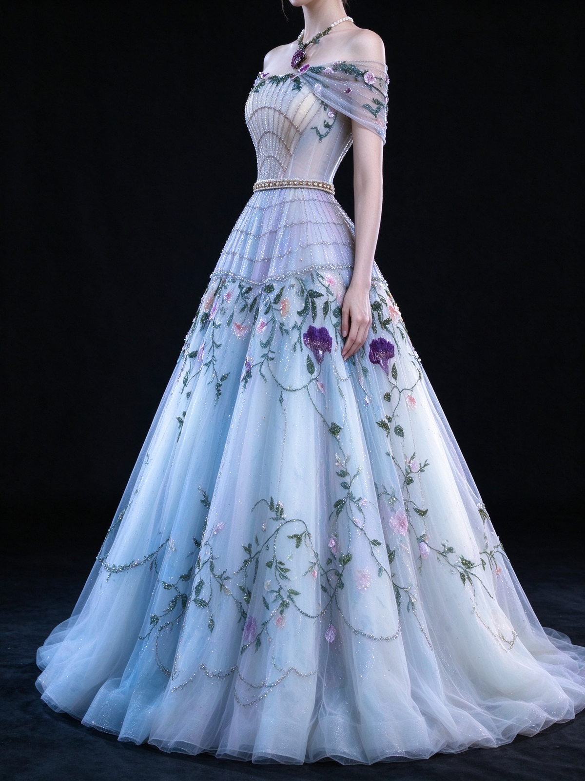 Light Blue Off-the-Shoulder Ball Gown, Sheer Corset Bodice With Beading, 3D Floral Embroidery Tulle Skirt,  fg9001