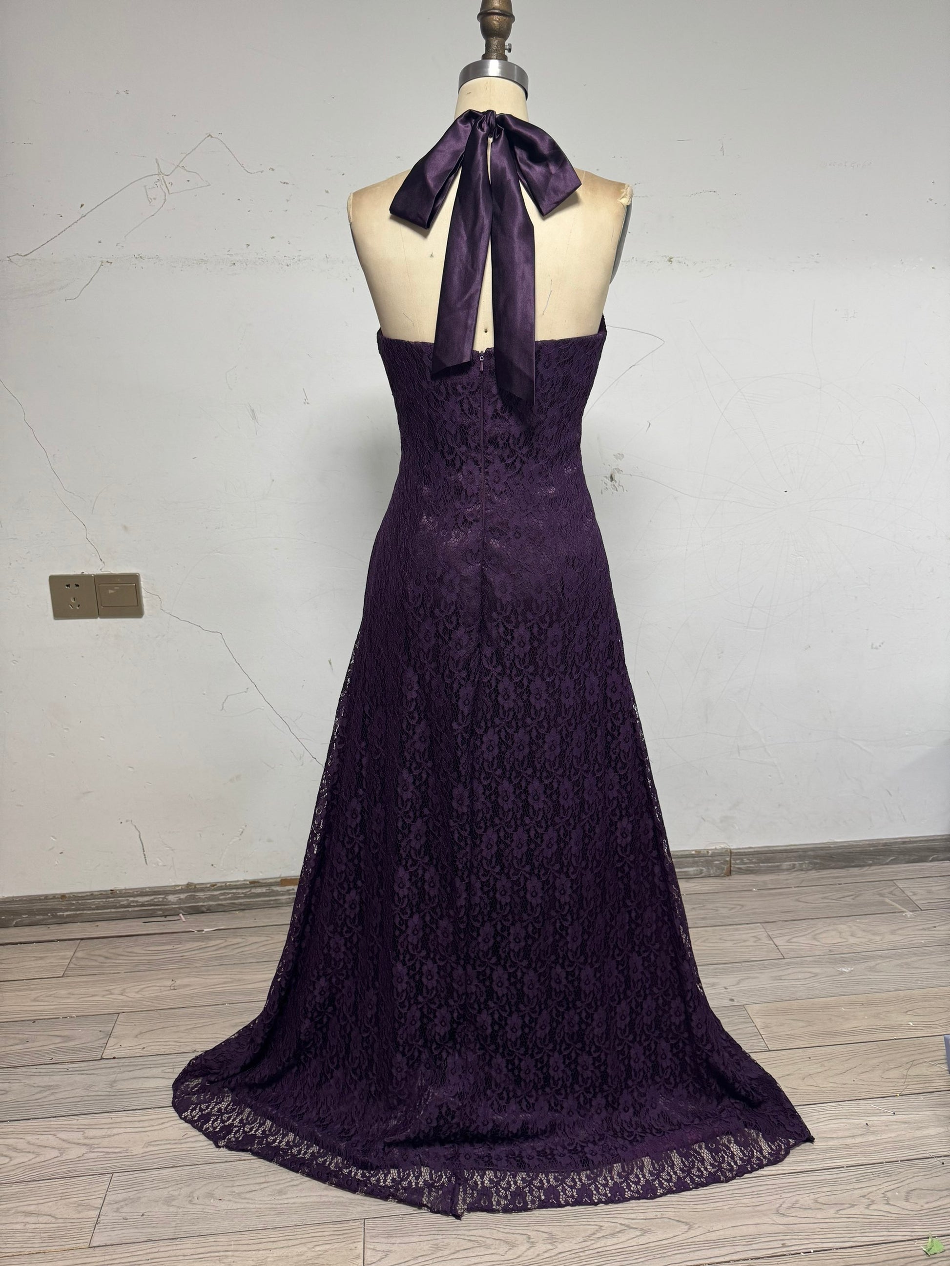 purple lace halter dress Purple Lace Halter Prom Dresses Long Evening Party Dress Koutun Dress