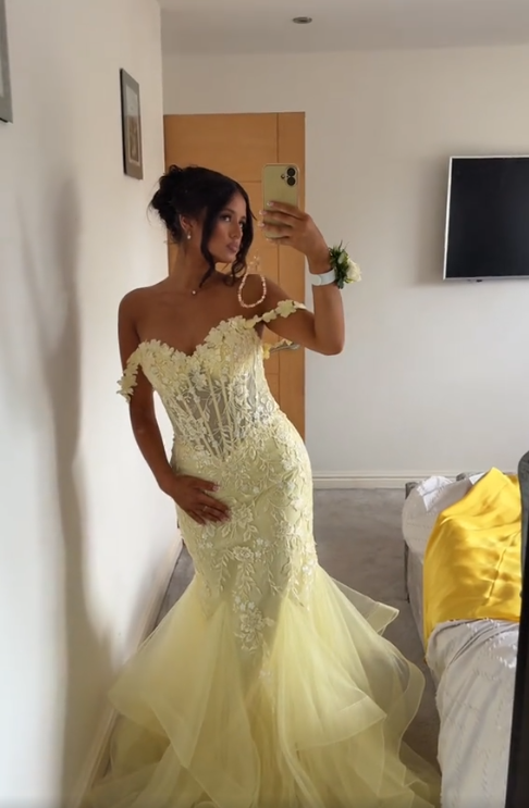 Yellow Mermaid Lace Evening Prom Dress, Long Party Formal Dresses      fg7181