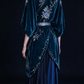 Peacock Blue Velvet Two-Piece Evening Gown, V-Neck Batwing Sleeve Top With Beaded Floral Embroidery,  fg9002