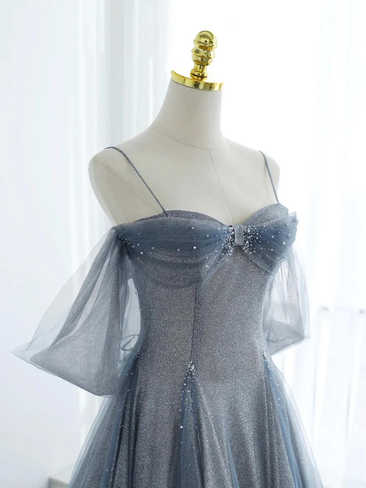 Glitter Blue Tulle A-Line Evening Dress, Blue Off Shoulder Prom Dress with Puff Sleeves  fg8738