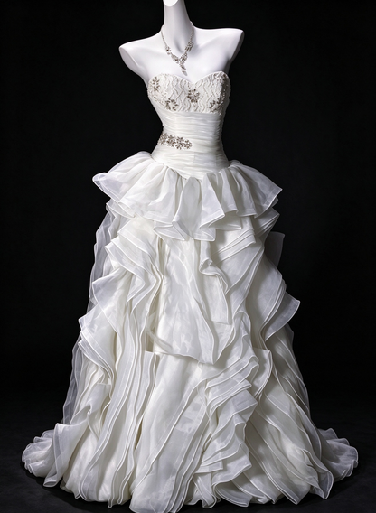Strapless Sweetheart Ruffled Organza Ball Gown Wedding Dress with Beaded Bodice fg8943