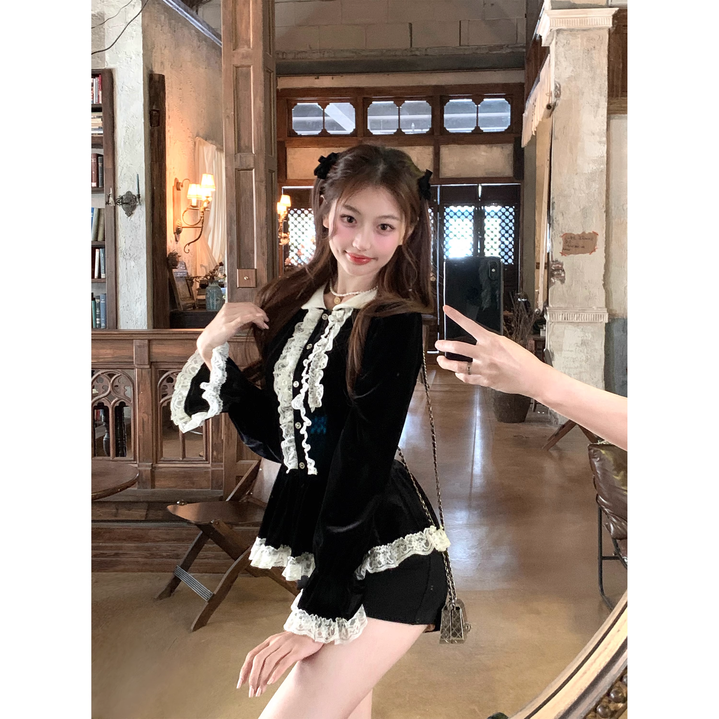 Velvet lace-trimmed fitted shirt and top set for autumn  A130