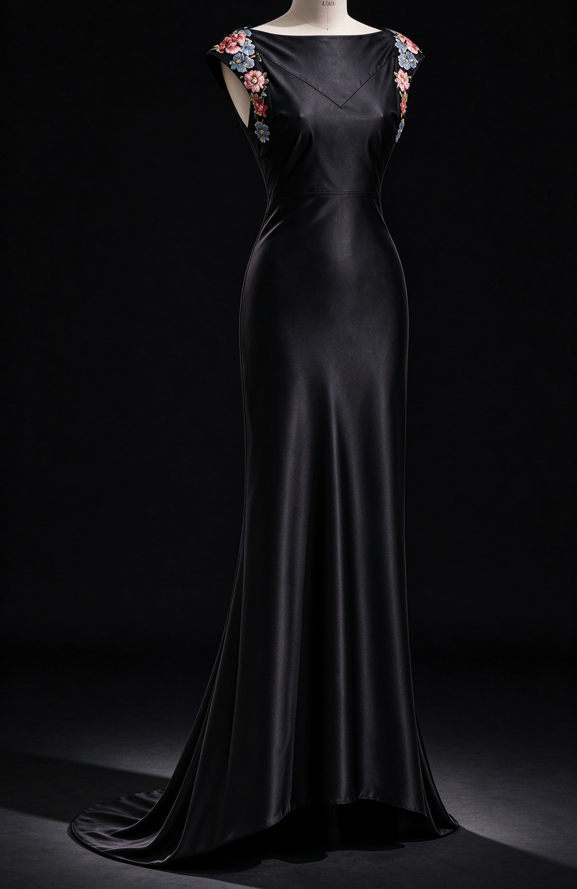 Black Satin Mermaid Evening Gown With Colorful Floral Embroidery & Deep V Back fg8985
