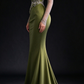 Olive Green Off Shoulder Satin Mermaid Evening Dress with Beaded Sheer Long Sleeves fg9033