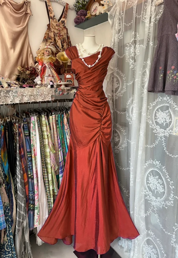 Mermaid Pleats Vintage Prom Dress Long Evening Dress   fg8039