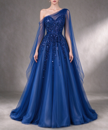 Royal Blue One Shoulder A-Line Tulle Evening Gown With Heavy Sequins Beading fg8992
