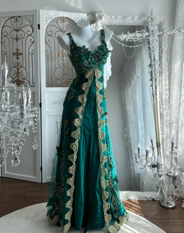 Vintage Green Lace Prom Party Dress Satin Evening Dress  fg8643