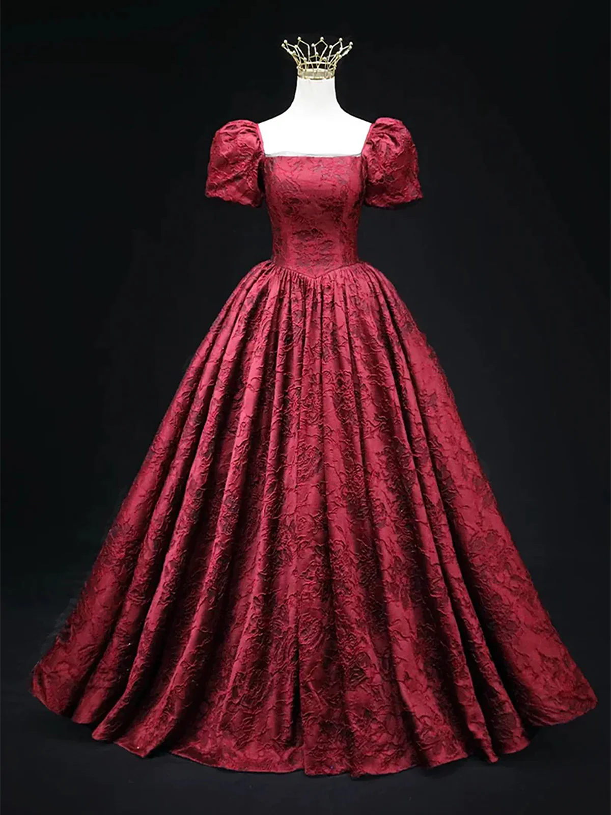 Vintage Square Neck Wine Red Prom Gown, Short Sleeves Evening Dress Party Dress  fg8725