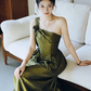 Elegant Olive Green One Shoulder Satin Prom Dress, Vintage-Inspired A-Line Formal Dress fg8718