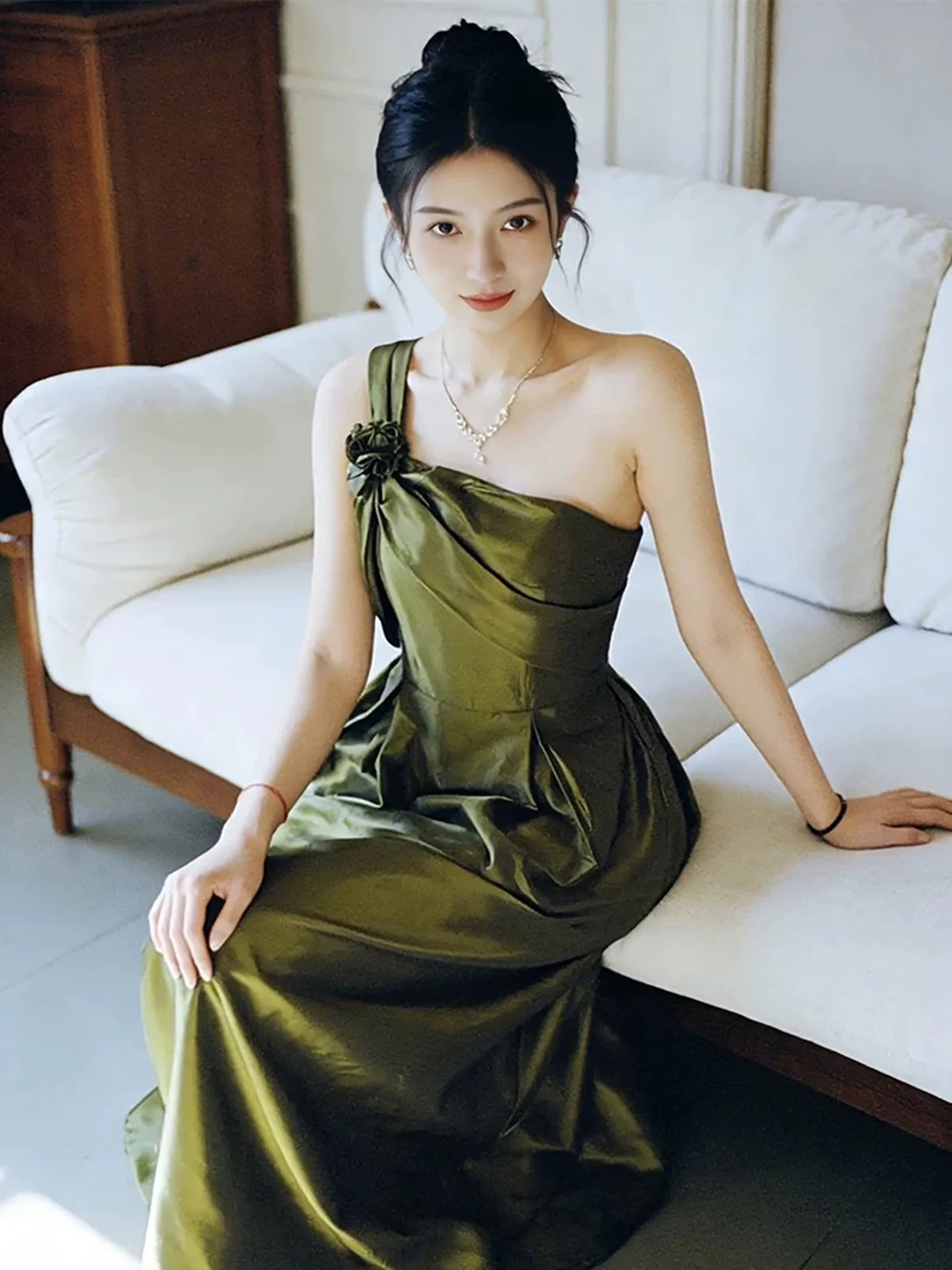 Elegant Olive Green One Shoulder Satin Prom Dress, Vintage-Inspired A-Line Formal Dress fg8718