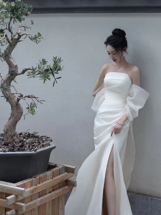 Elegant White Strapless Prom Dress, High Slit Fairy Wedding Guest Gown Maxi Dress  fg8726