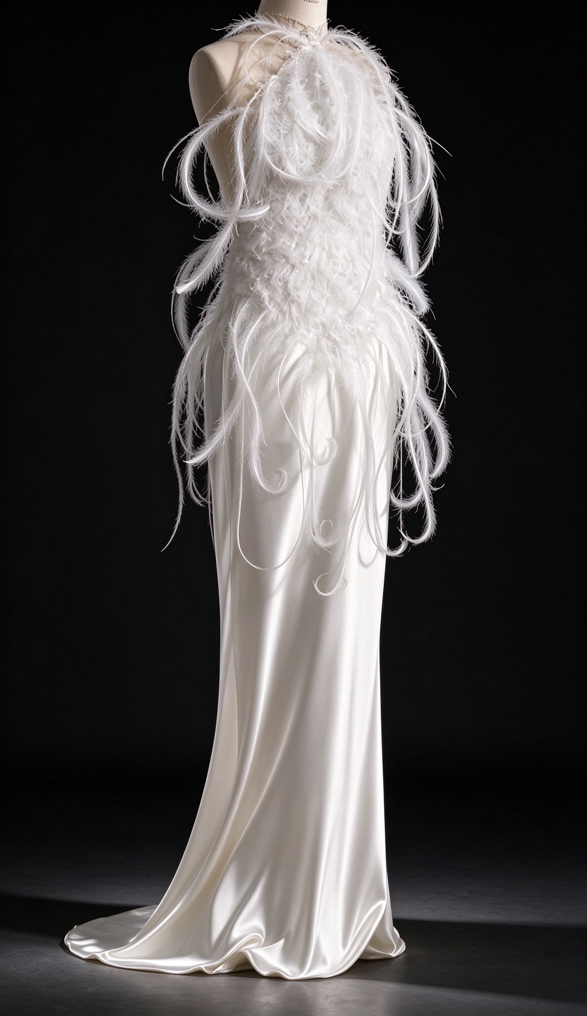 White Halter Satin Wedding Dress With Feather Embellishment & Deep V Back fg8986