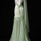 Sage Green Lace Appliqué Mermaid Tulle Evening Dress with Draped Tulle Sash & Deep V Back fg8944
